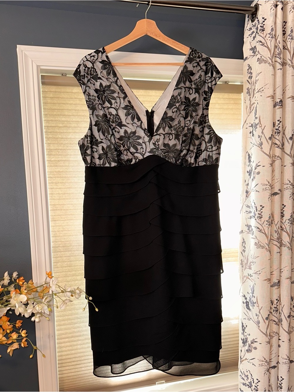Dress Barn Black and Silver Floral V-Neck Tiered Midi Dress